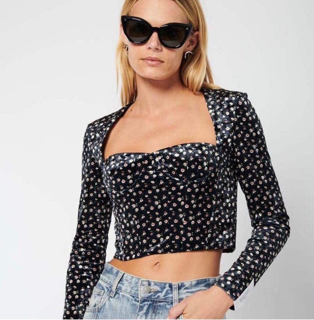 ROKH Floral Velour Bustier Corset Long Sleeve Crop Top
